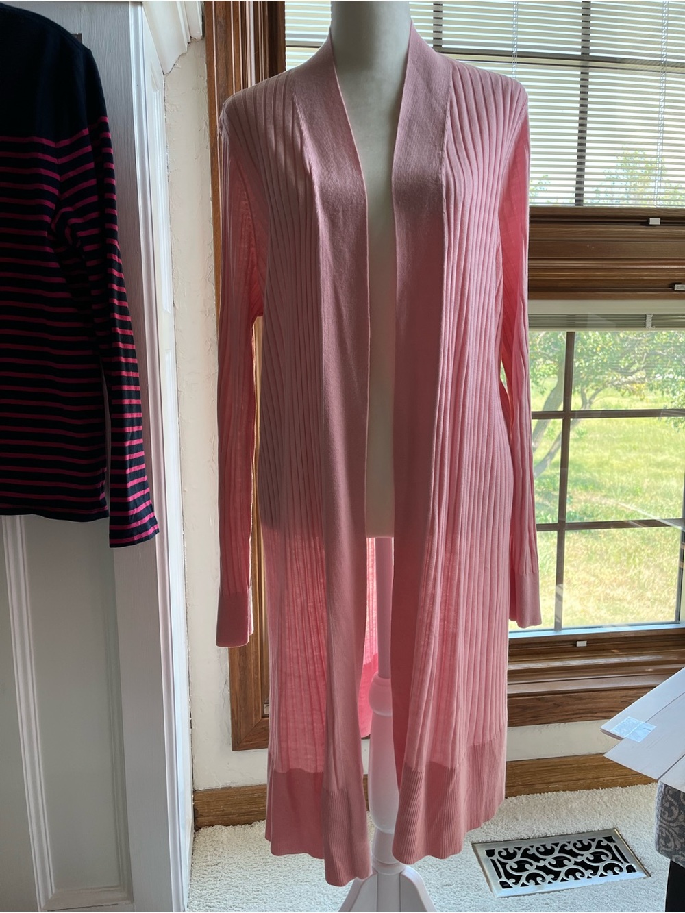 LOFT Women’s Long Open-Front Ribbed Pink Cardigan